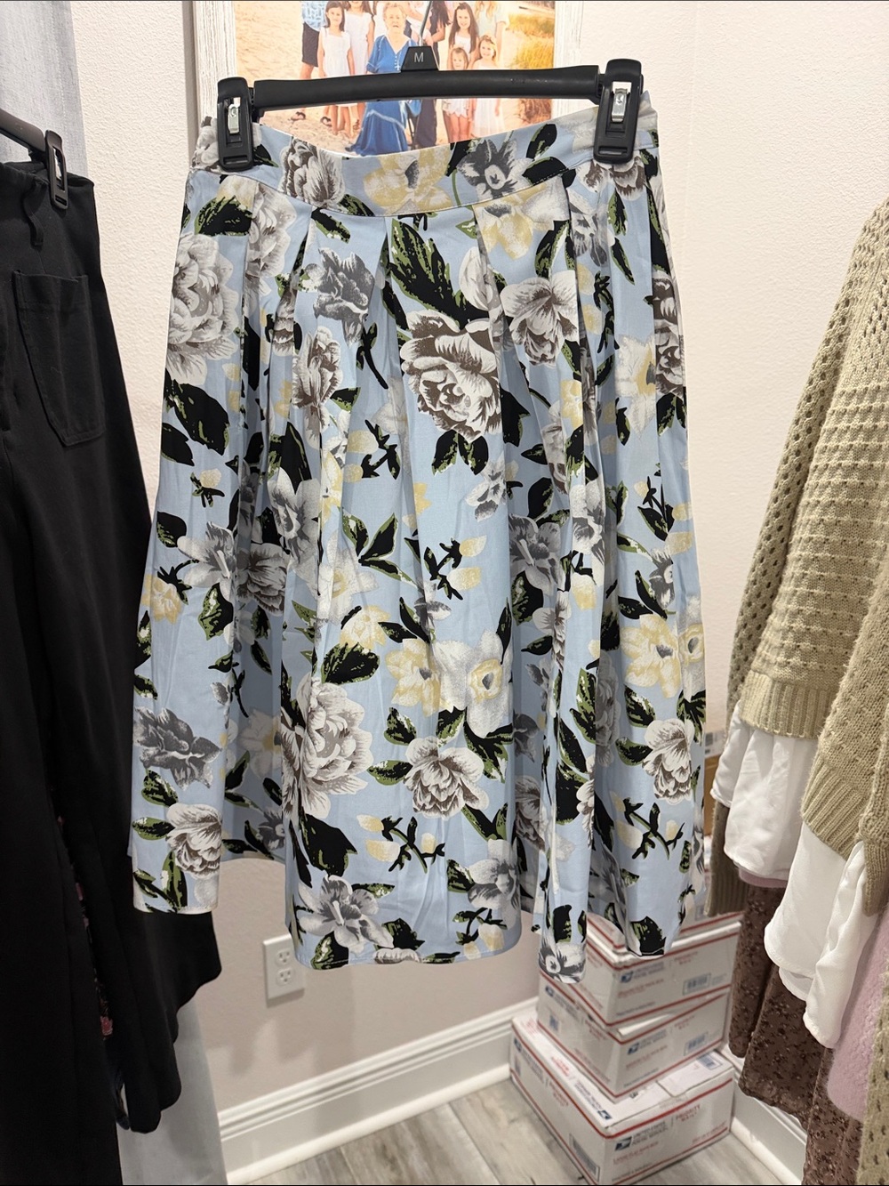 Light Blue Floral Circle Skirt with Pleats